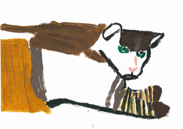 Panting of a brown and black cat with green eyes on white paper.