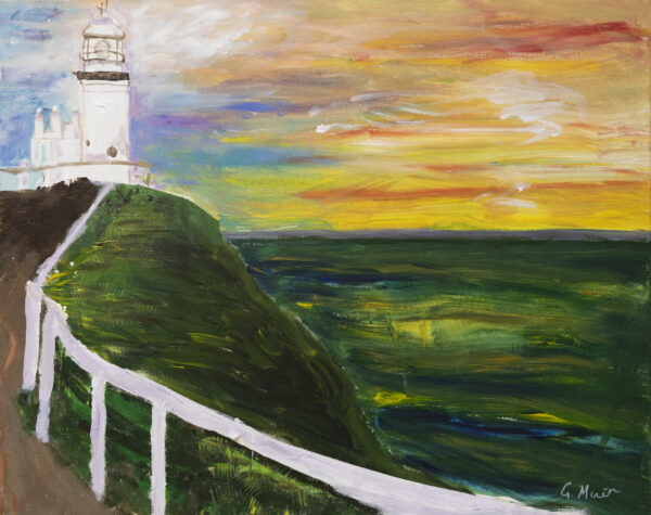 Landscape painting of a lighthouse on a hill, overlooking an orange, red and yellow sunset and dark green and blue ocean.