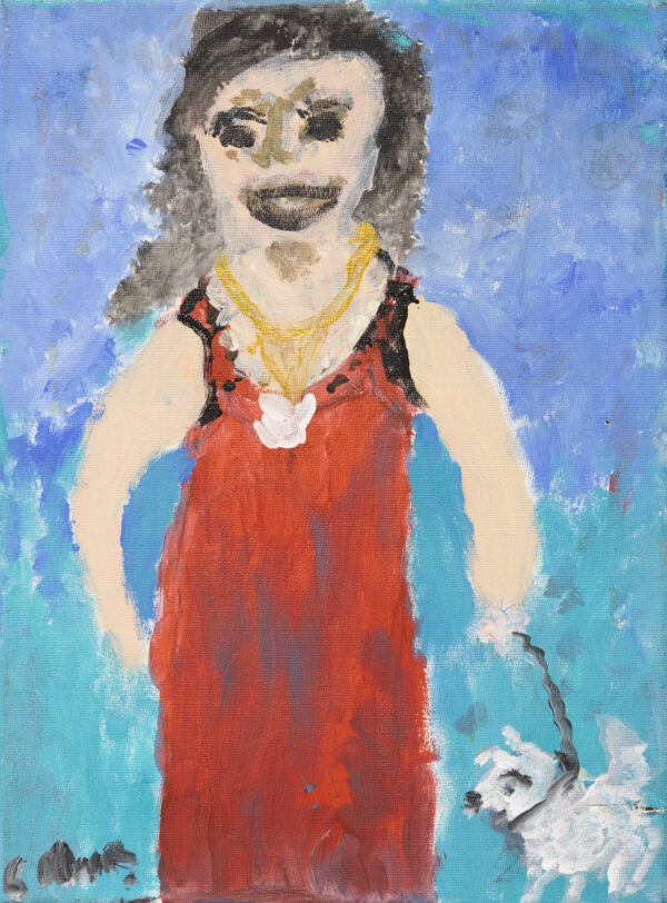 A small portrait of a woman in a sleeveless, full-length red dress against a turquoise background. She has shoulder-length dark curly hair and is smiling. Around her neck is a gold chain with a white pendant. She is walking a small white dog on a black leash.