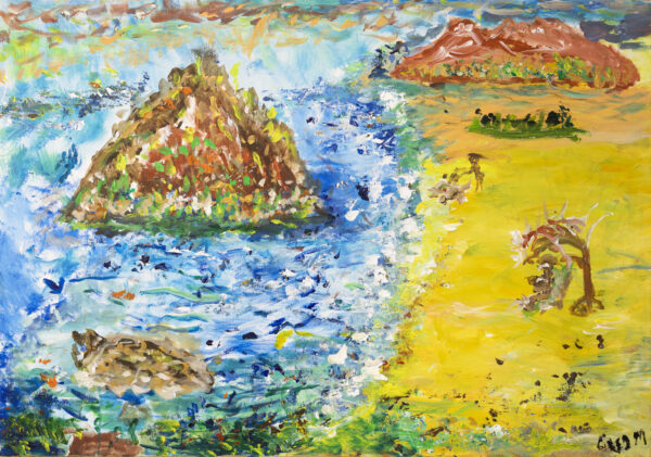 In this landscape painting, the canvas is evenly divided: ocean on the left and land on the right. The water teams with energy. A small island just offshore explodes with a profusion of flowers and the white water of the waves sprays into the air as it hits the shoreline. The land is green, turning yellow as if it is thirsty for rain. A brown mountain stands solid in the background. By the water's edge, a group of people are laying around, perhaps having a picnic or sunbaking or just soaking up this meeting place of water and land.