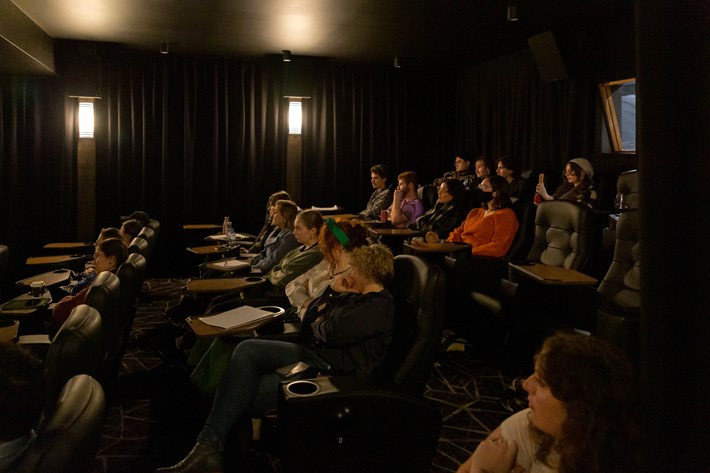 Audience in a dark cinema look towards a screen