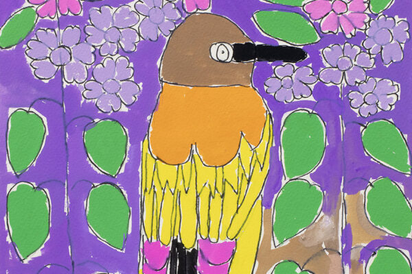 Orange and yellow feathered bird with a black beak and tail painted on a purple background and colourful foliage.