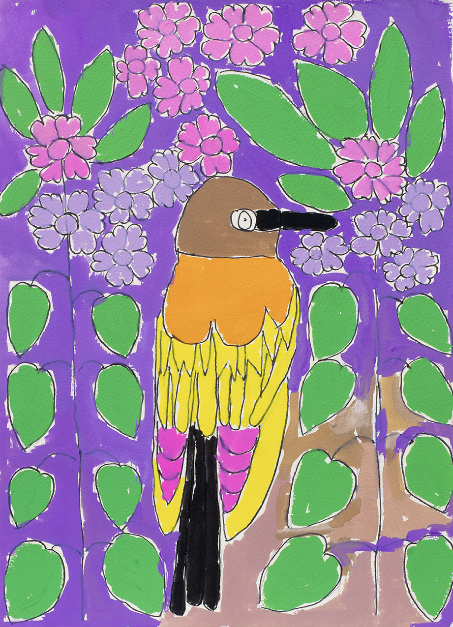 Orange and yellow feathered bird with a black beak and tail painted on a purple background and colourful foliage.