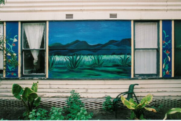 The side of a house where a mural is painted between two windows.