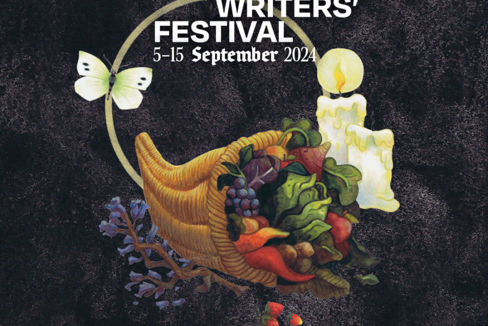 Illustration of bowl of fruit with butterfly and candle, with text, Emerging Writers Festival 5 - 15 September 2024. Tickets Available