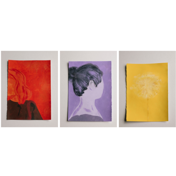 Set of 3 mono colour artworks. A view of the back of a person’s head with short wavy hair in red. A dandelion flower in yellow. A sideview of a person with their hair in a bun in purple.