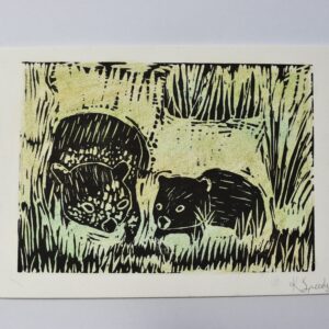 Linocut print of two wombats in grass on a green background