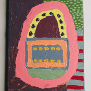 This painting is highly textural and may be gently touched. There is a central oval shape and colourful markings.