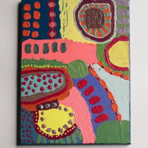 This painting is highly textural and may be gently touched. This painting is small and rectangular. It has a variety of bright colourful shapes that are organic and fluid.