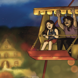 2 girls on top of the ferris wheel with the church and sky on the background