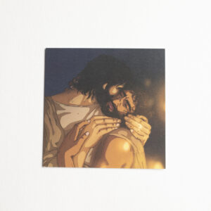 2 figures (Judas-left, Jesus-right) in a embrace with Jesus being kissed