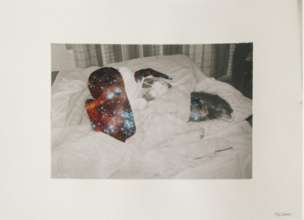 A photo of a figure lying on bed. The skin has been replaced by a galaxy.