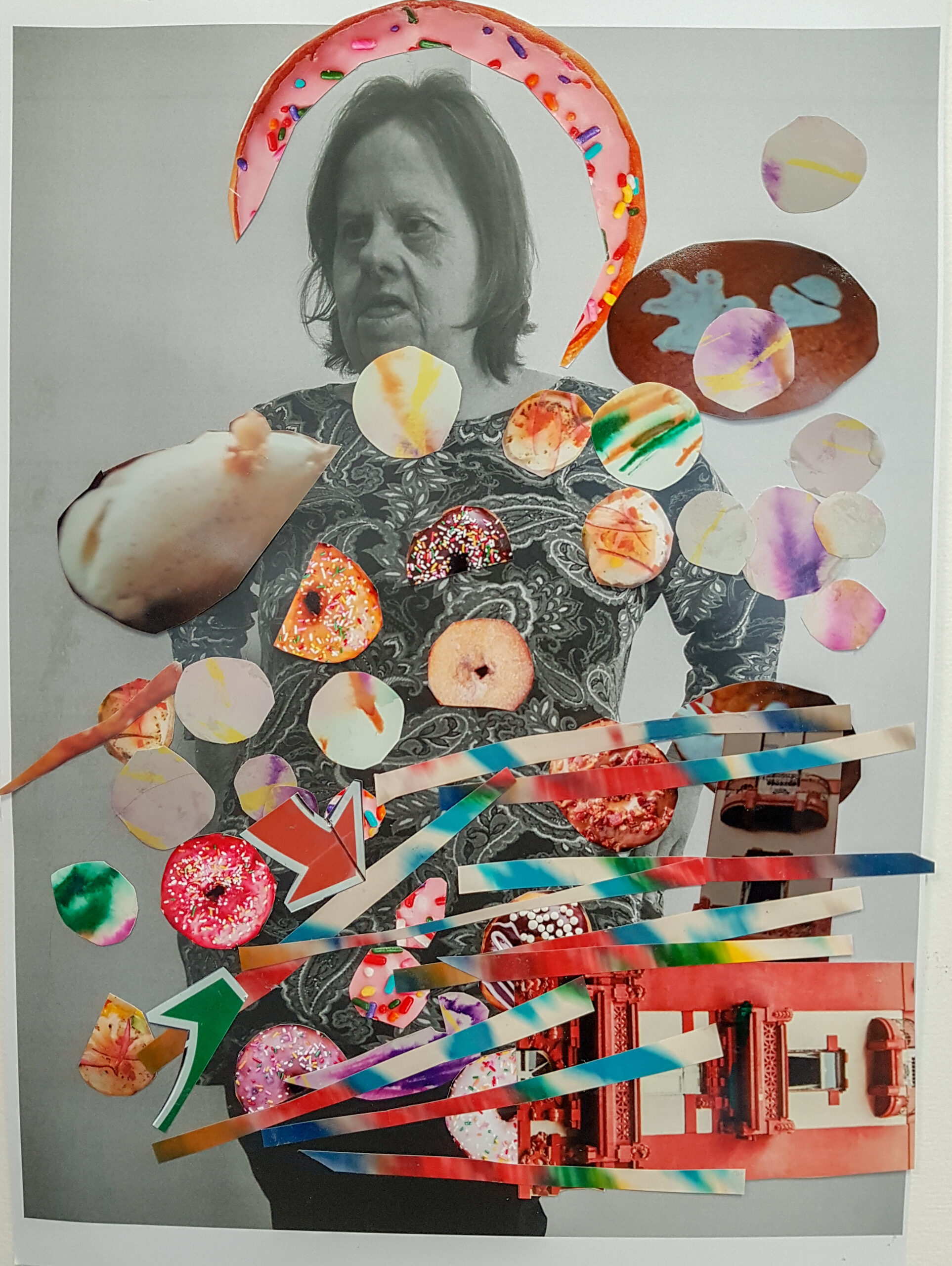 Collage artwork or pastries, donuts and abstract colour over a black and white photo of a person.