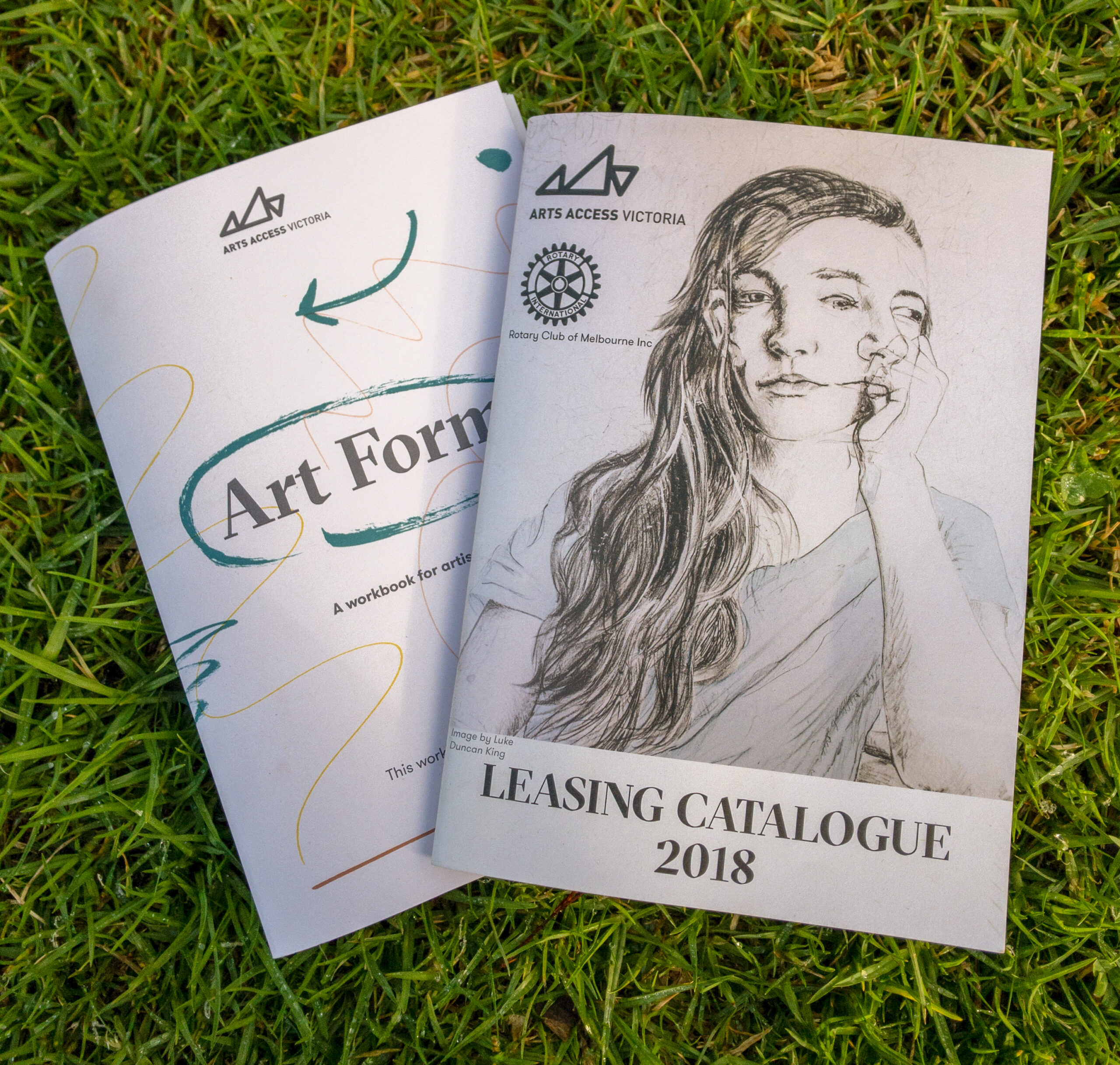 Two print catalogues on grass.